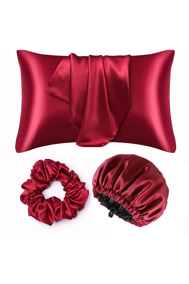 a satin bonnet and pillowcase