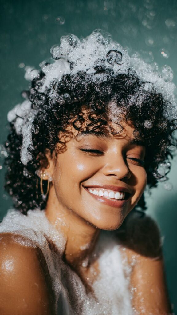 a lady smiling while washing her hair