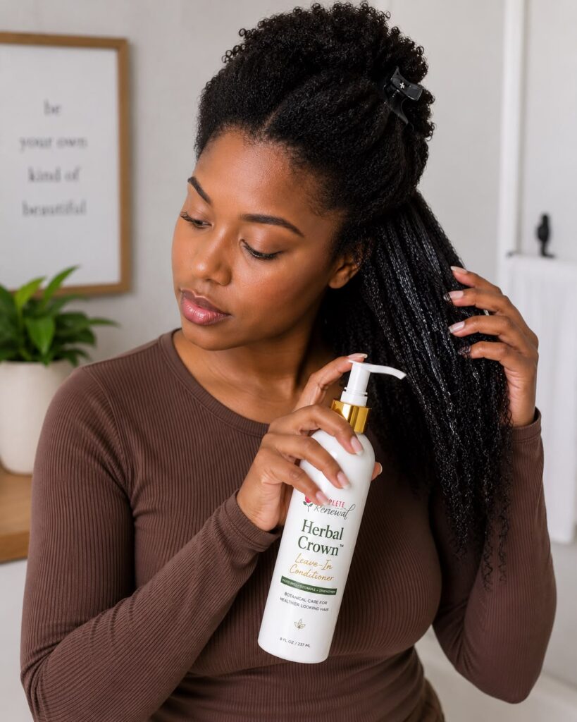 a lady applying leave in conditioner on her hair 