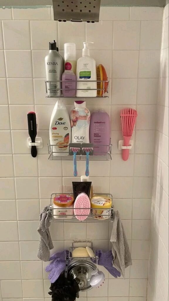 bathroom hair product shelf