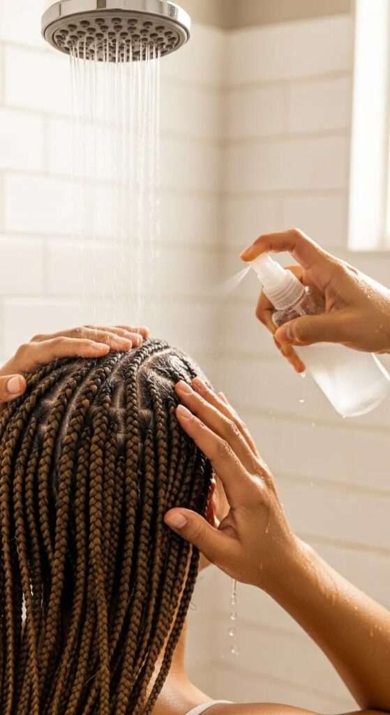someone cleaning her scalp with her protective style on