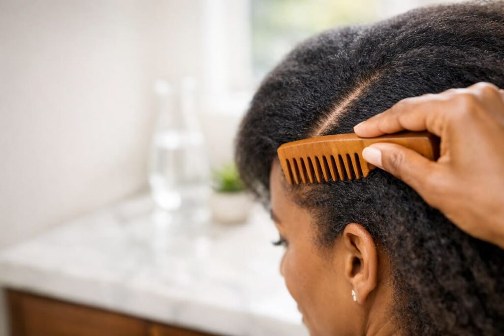 someone combing her hair after taking off protective style