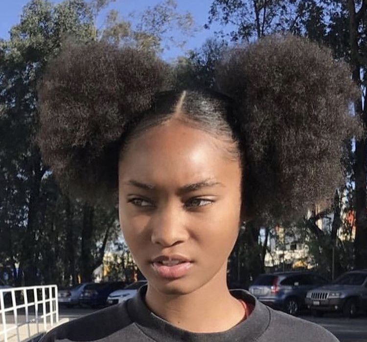 a girl with double puffs quick natural hairstyle