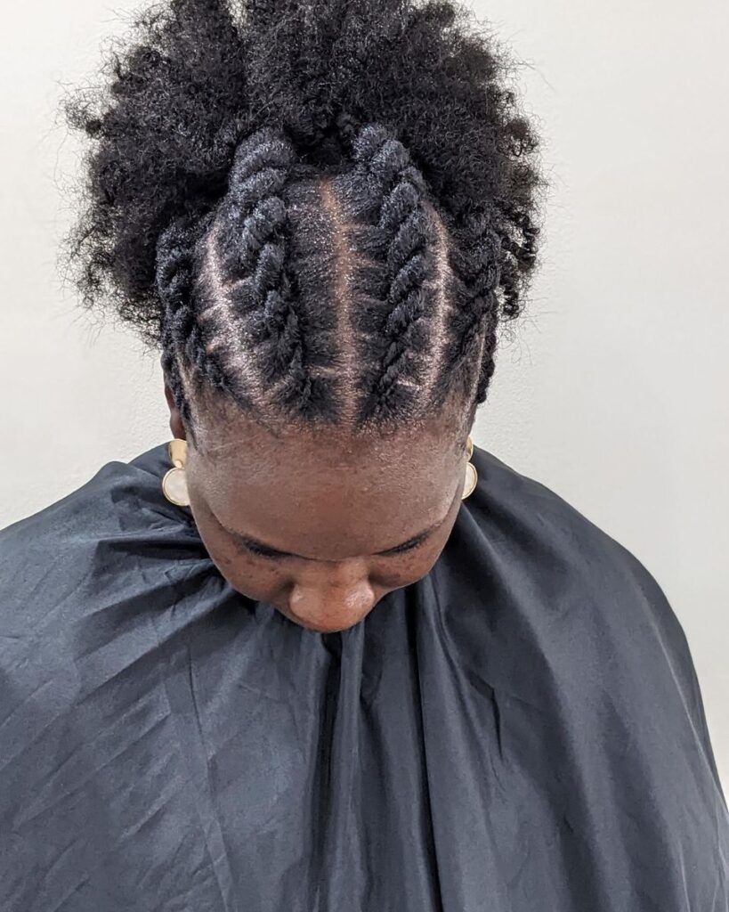 a lady showing her flat twists and puff hairstyle