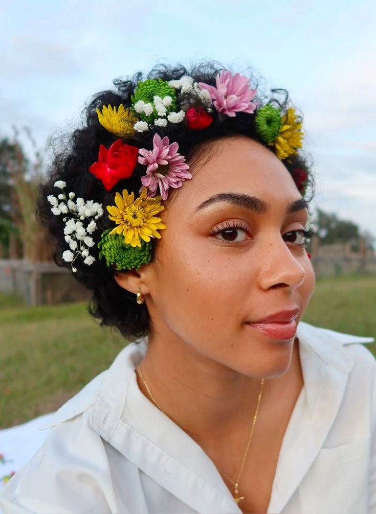 afro hair with floral crown