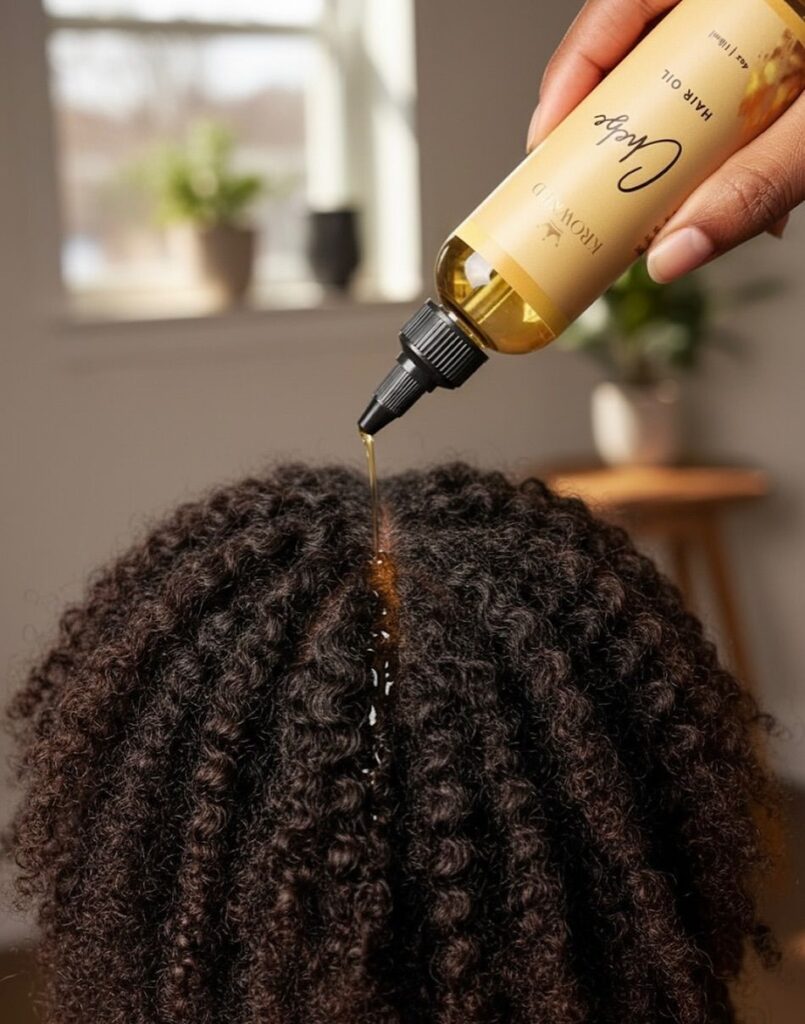 someone applying hair growth oil to her scalp