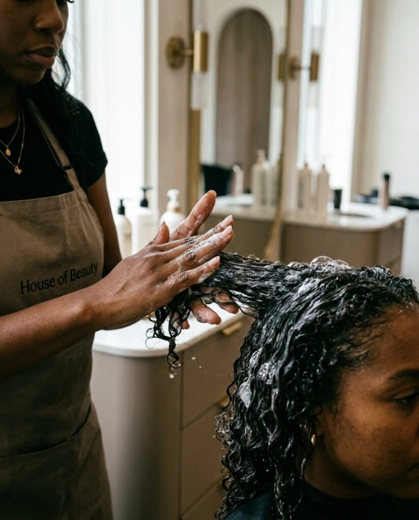 a lady in a salon for her Perfect Afro Hair Care Routine day