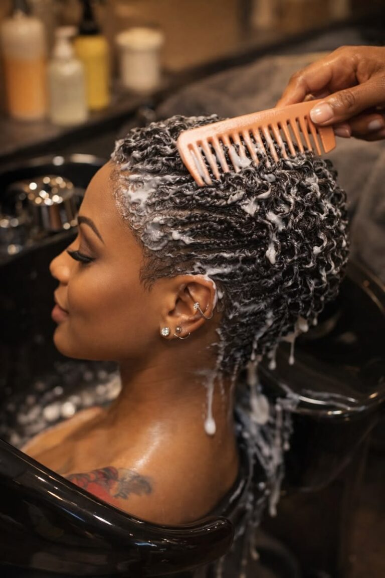 a lady washing her afro hair