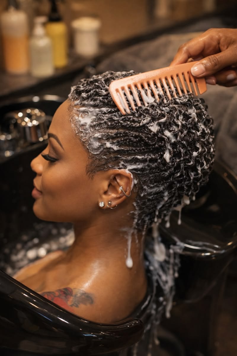 a lady washing her afro hair
