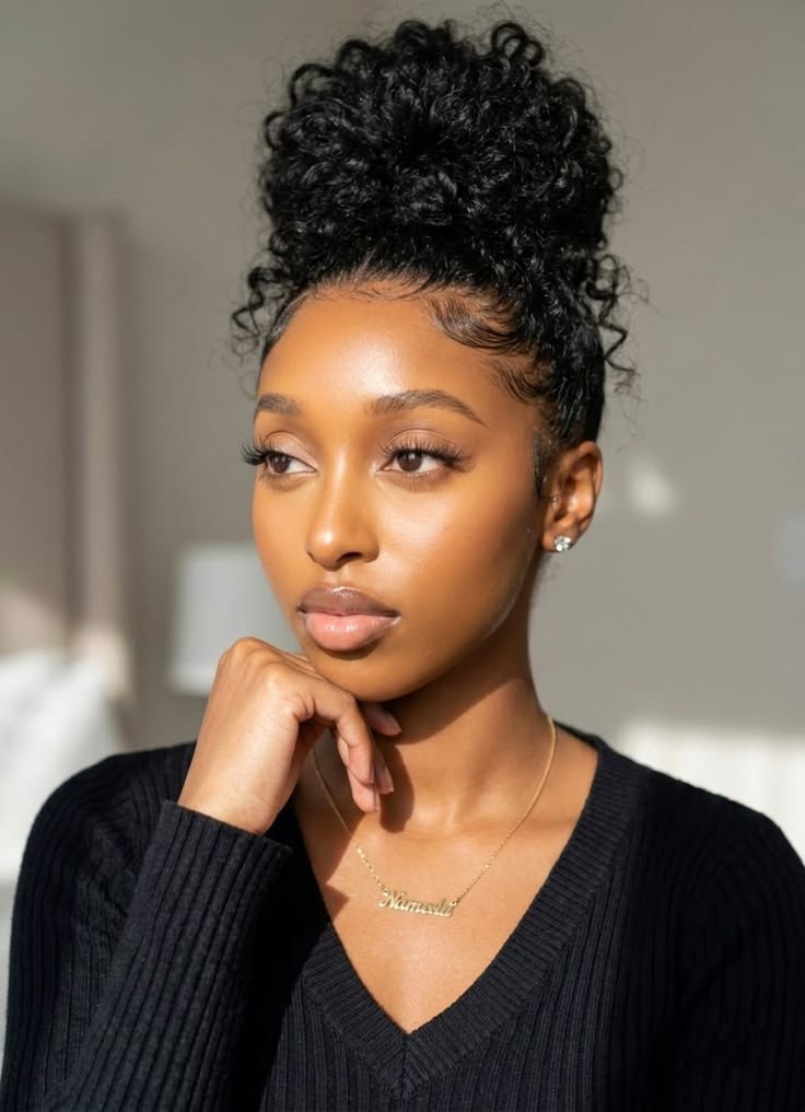 a girl with messy bun quick natural hairstyle