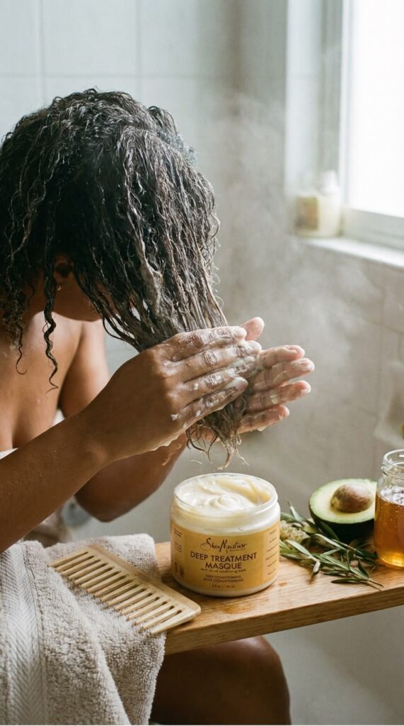 someone that is oiling and conditioning her hair