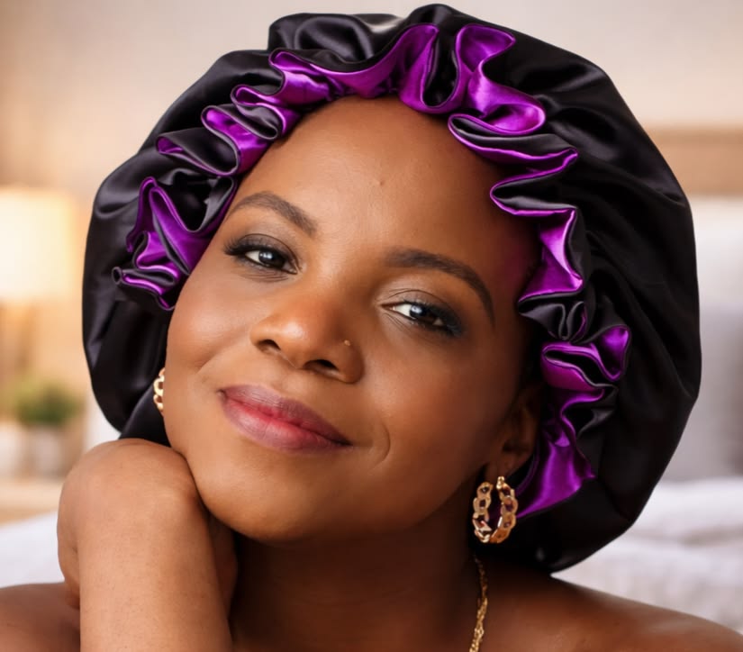 someone wearing a satin hair bonnet
