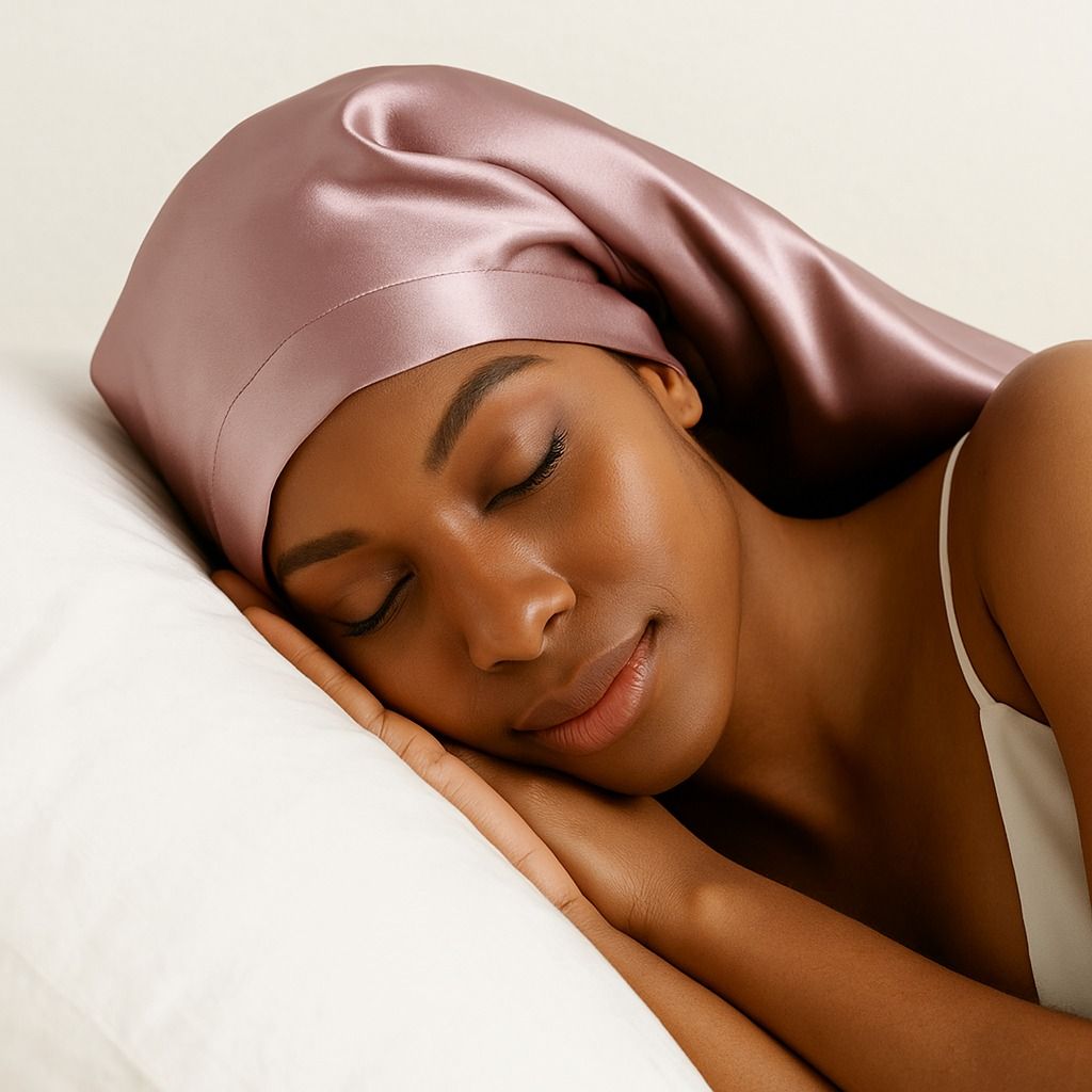 a lady sleeping with silk scarf on her Perfect Afro Hair Care Routine journey
