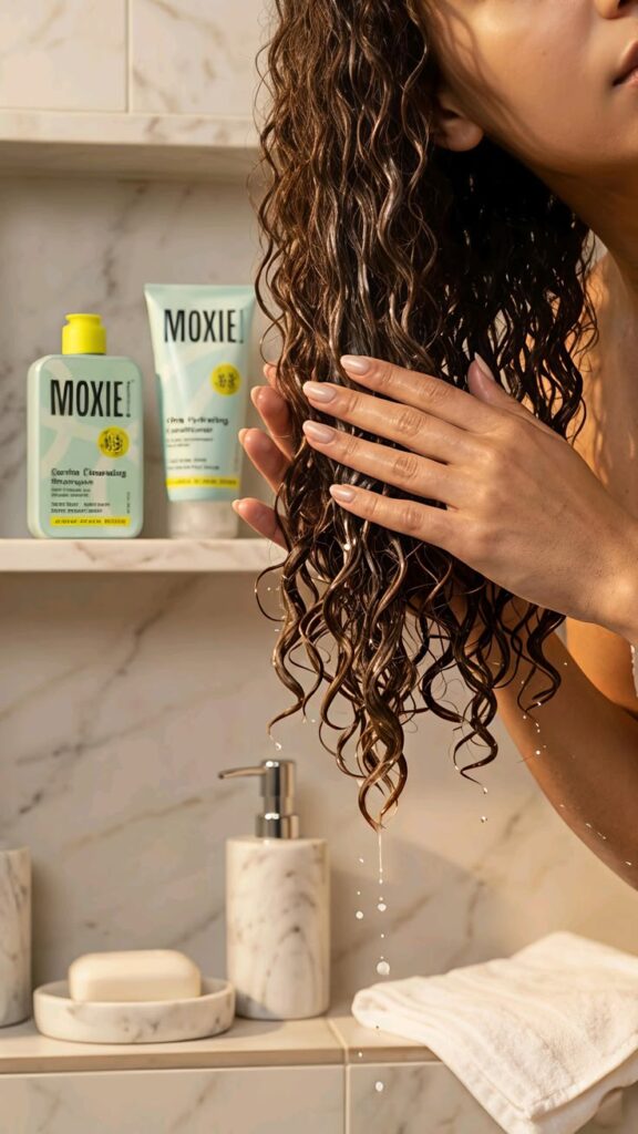 a lady gently squeezing out water from her hair after wash