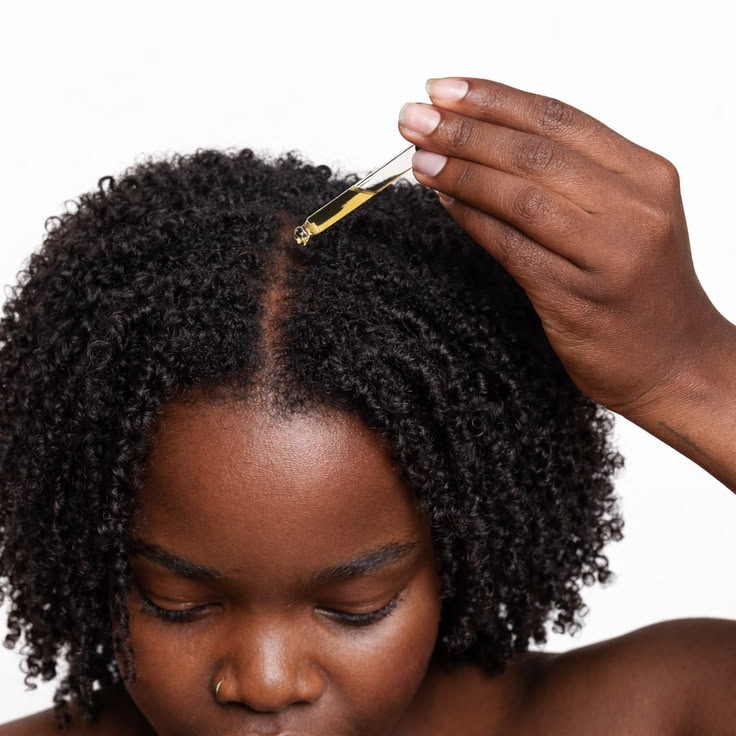 someone applying hair growth oil to her tighter curly hair
