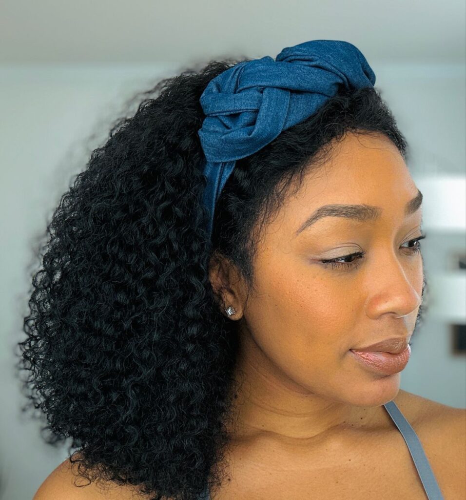 someone with denim headwrap