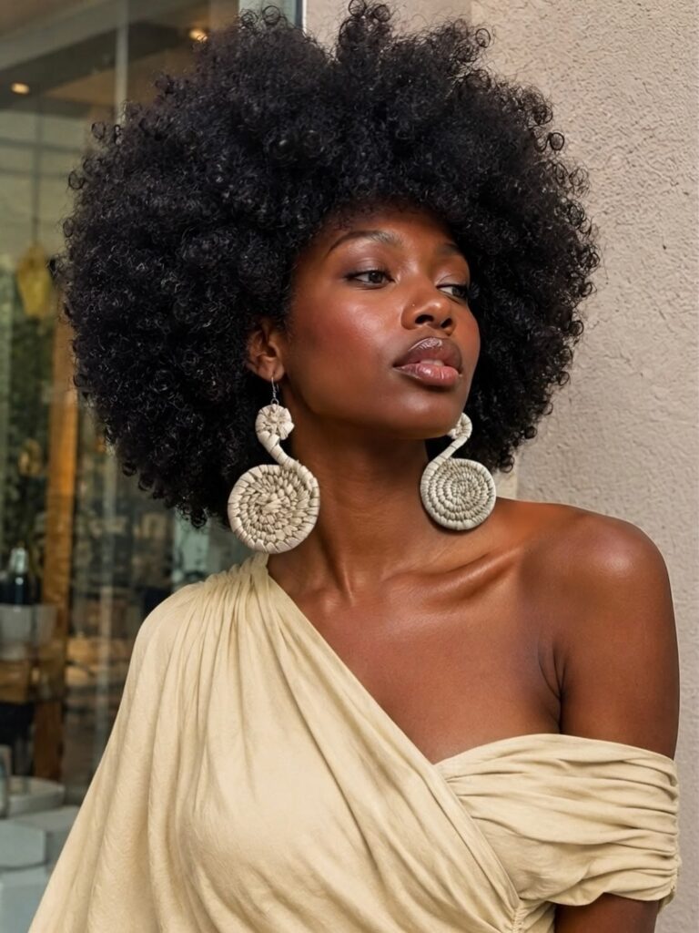 someone with afro with statement earrings 