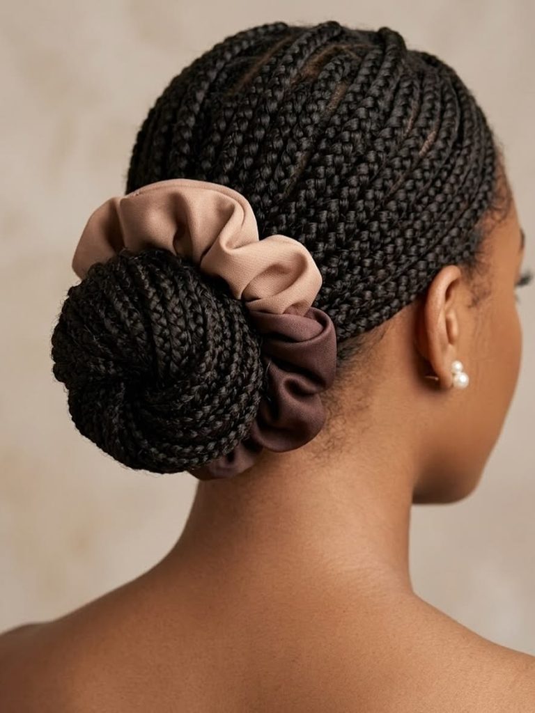someone with box braids in a low bun hairstyle for the offive