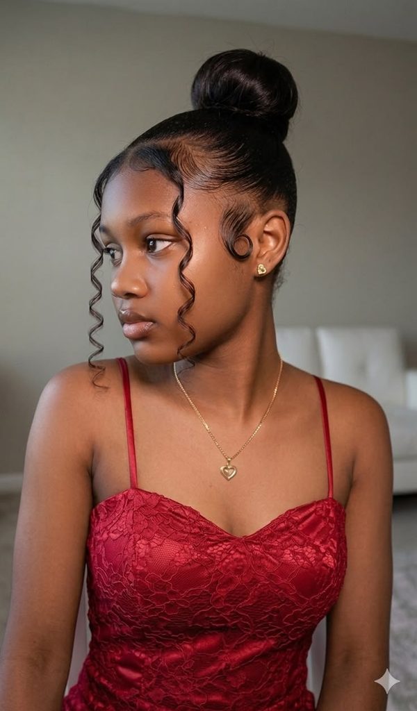 someone with elegant afro bun date night hairstyle for afro hair