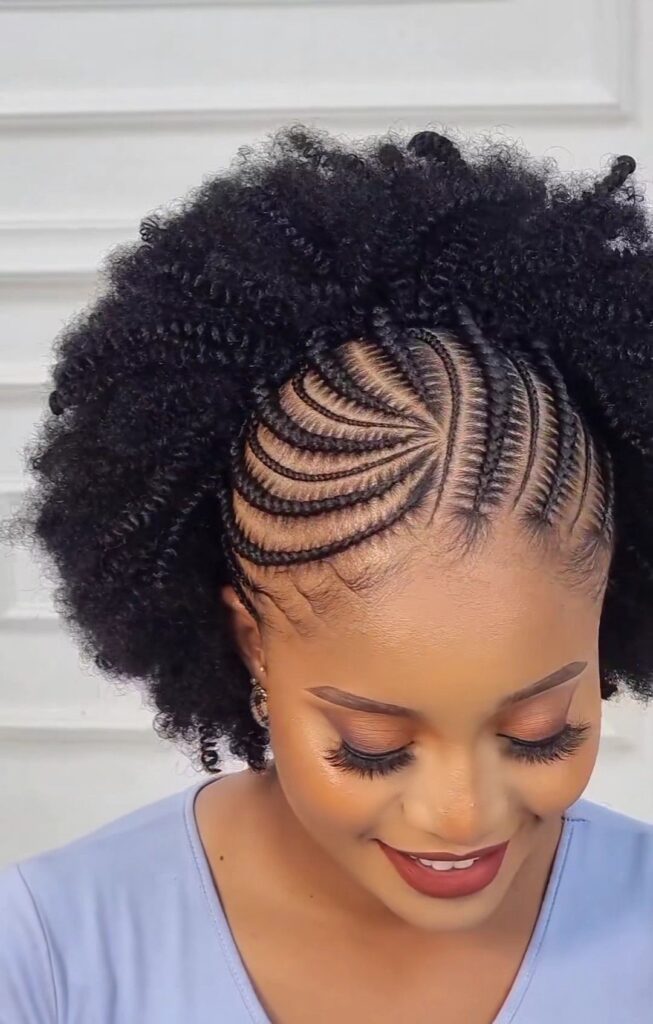 someone with puff with cornrows base style for natural hair