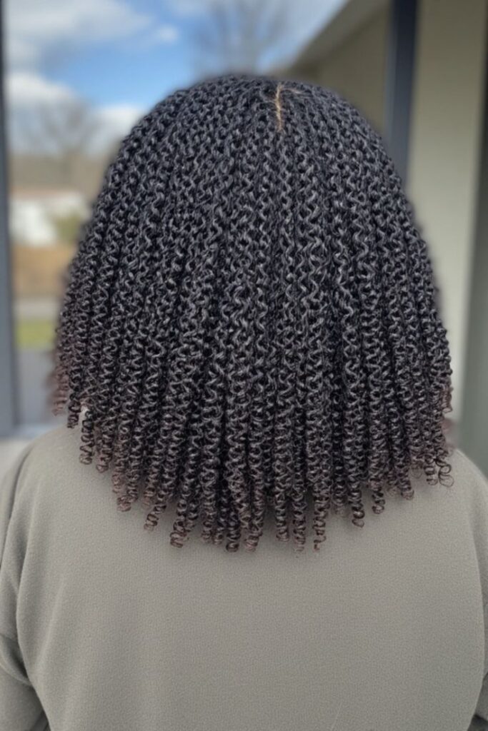 someone with twist out finish with shine spray