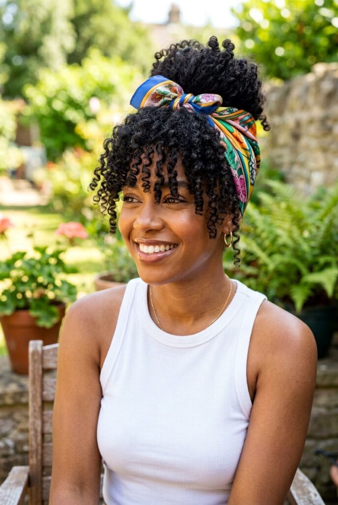 someone with twist out with scarf accent