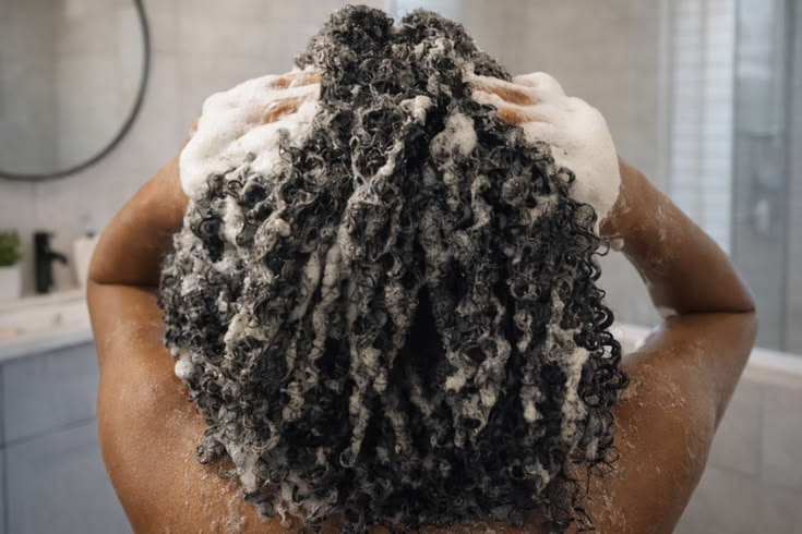 someone applying shampoo to the hair on her 4A hair wash day
