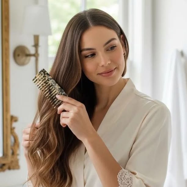 a lady combing her hair with a wide tooth comb