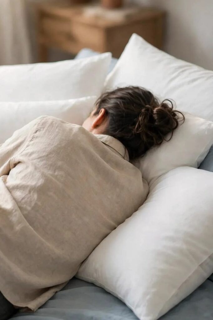 a lady sleeping on a cotton pillow without hair cover as one of the hidden mistakes that's breaking your hair every week