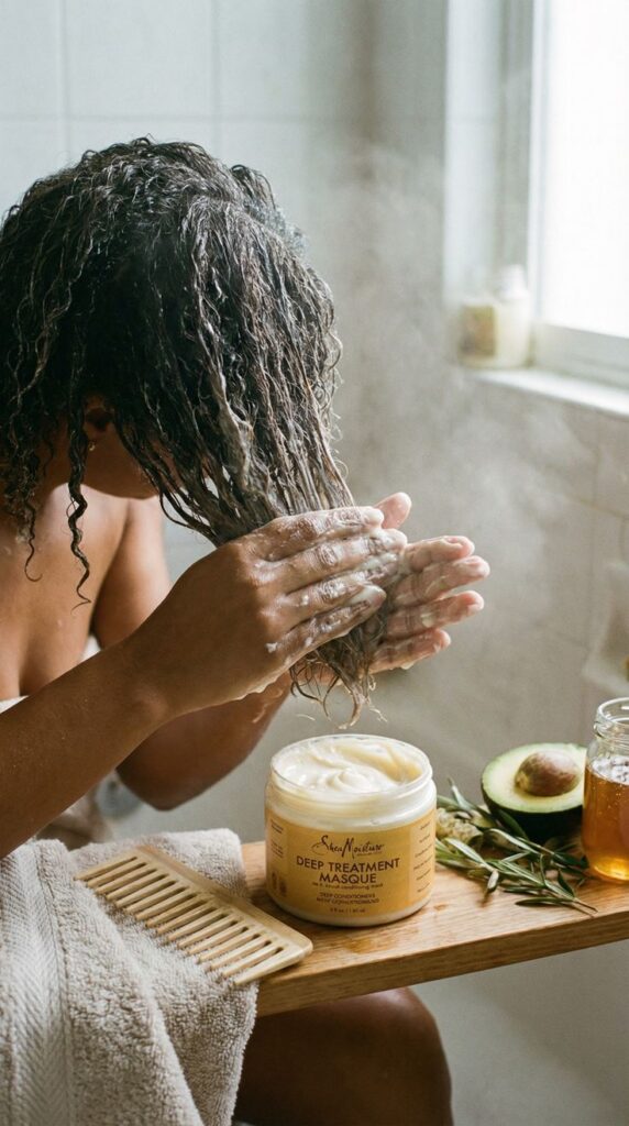 someone deep conditioning her hair