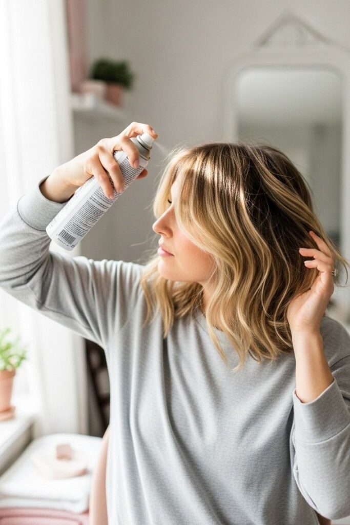 someone applying hair spray that protects hair from heat