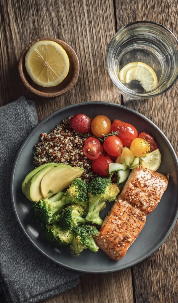 a healthy meal and water on a table