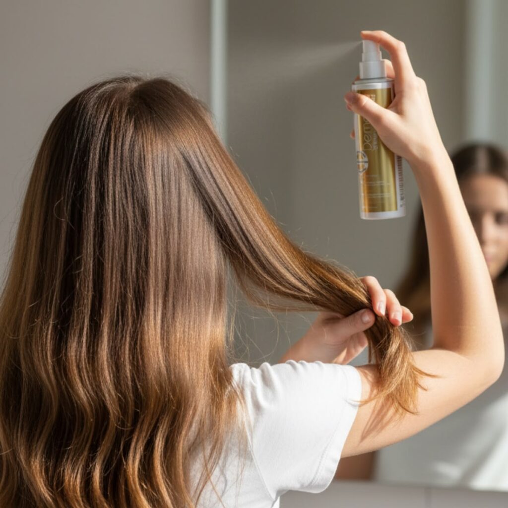 someone applying heat protectant properly on her hair to avoid heat protectant mistakes