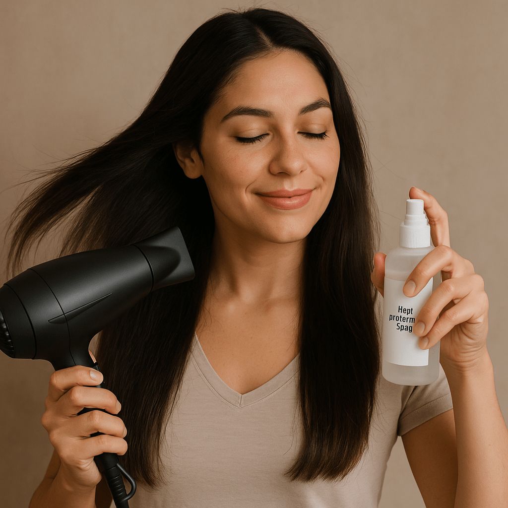 someone with heat protectant as she dries her hair