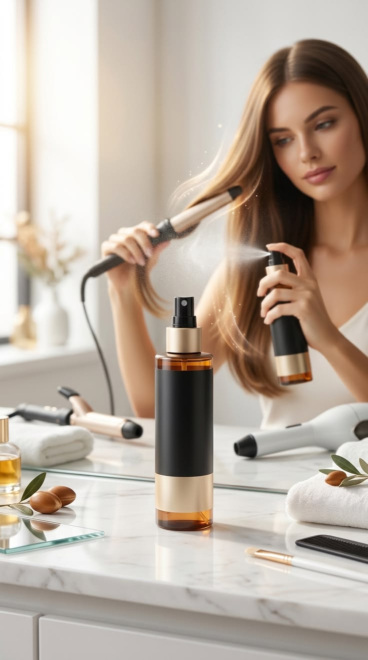 someone applying heat protectant to her hair