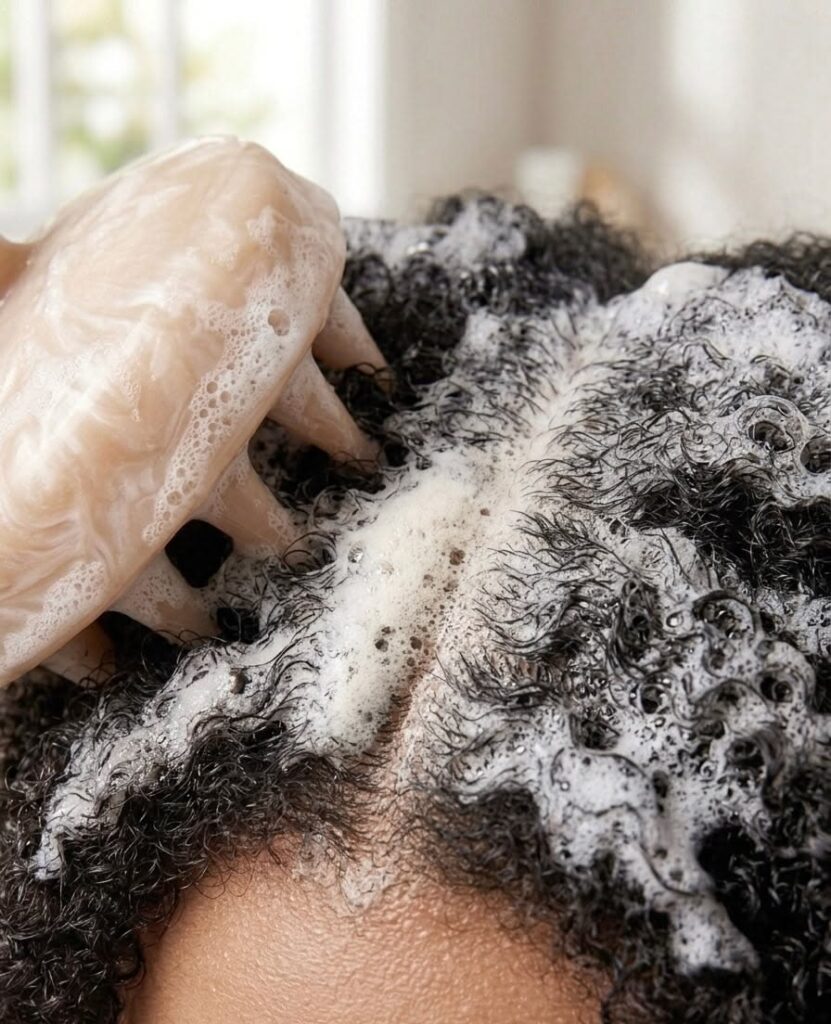 someone cleaning her scalp to avoid scalp mistakes that slow hair growth
