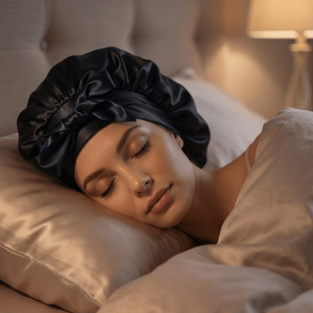 someone sleeping with silk bonnet and pillowcase