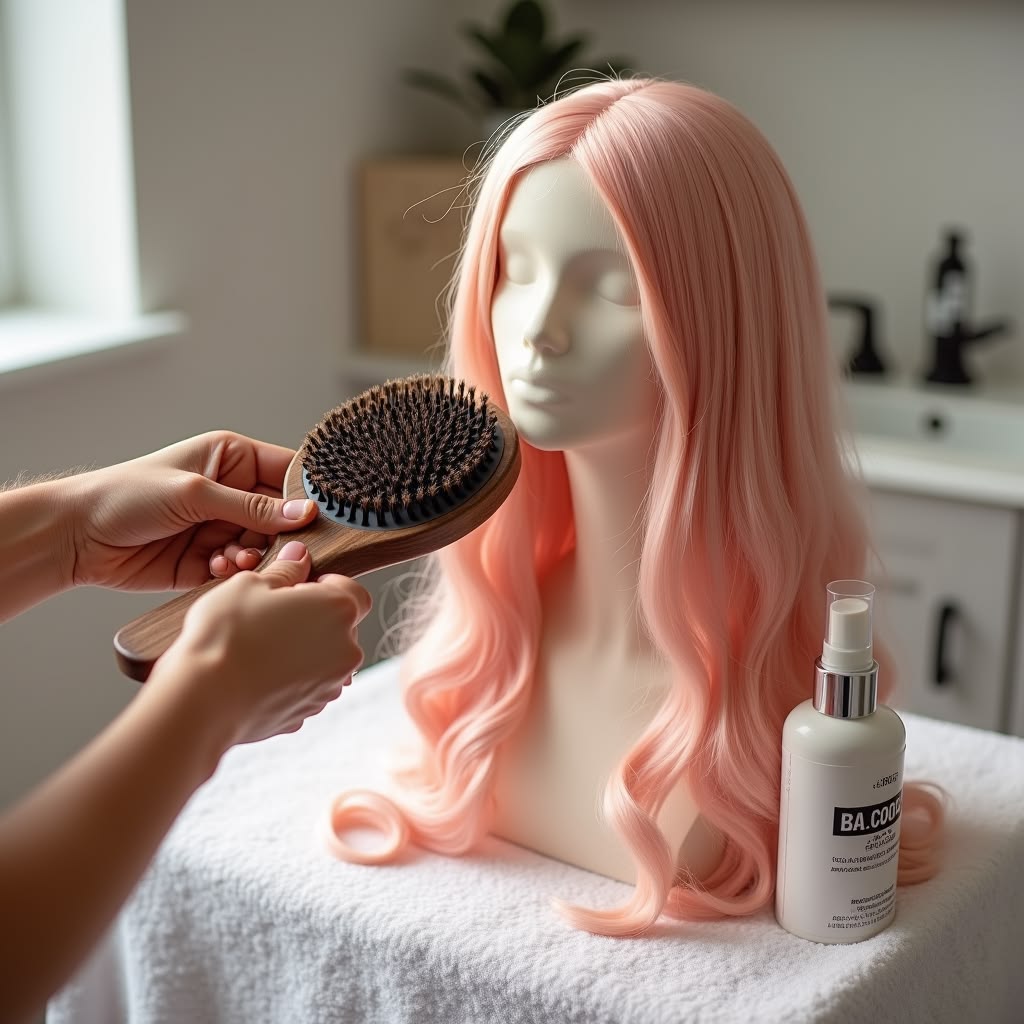someone brushing her wig