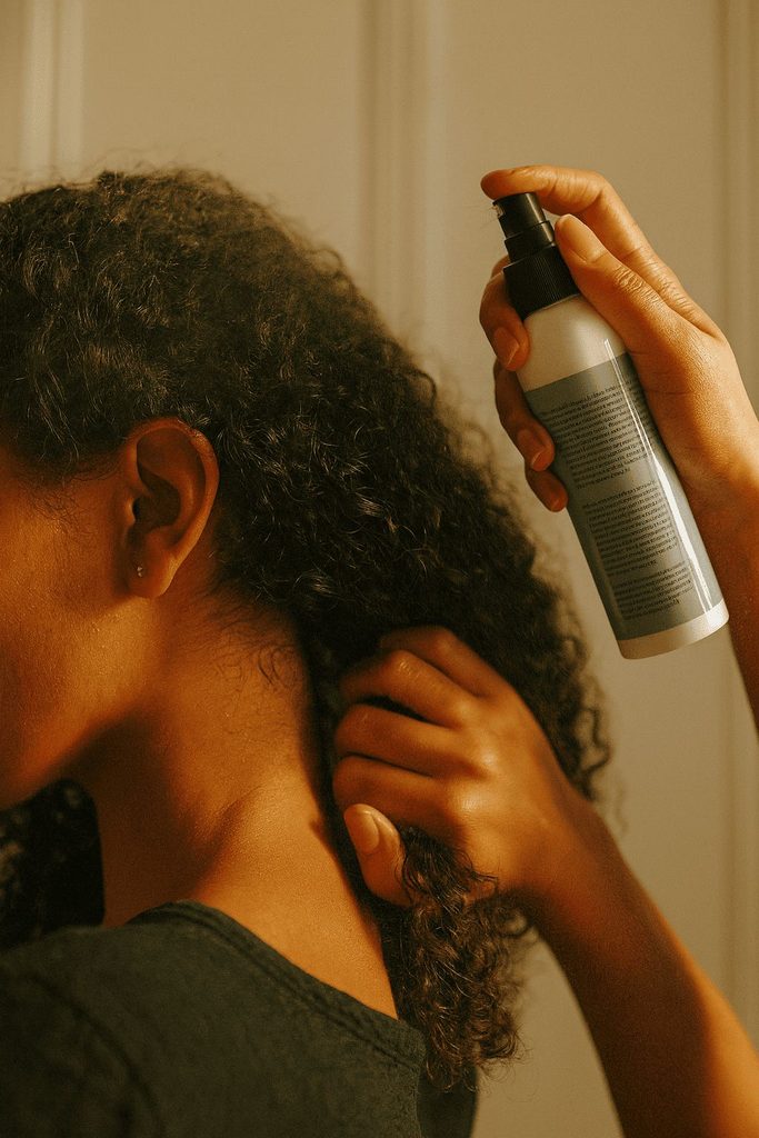 someone applying anti-humidity product on her hair as a way to protect afro hair from humidity