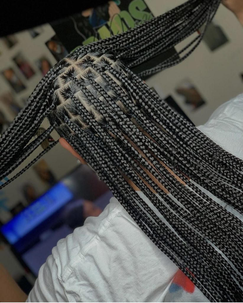 someone with knotless box braids afro hairstyles