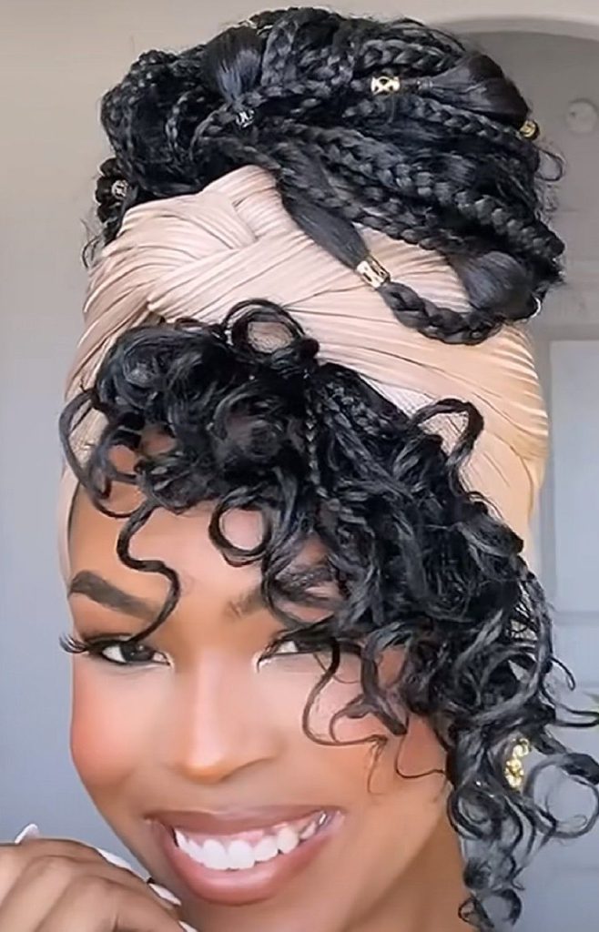someone with wrap with braid peeking out as one of cute headwrap styles for bad hair days
