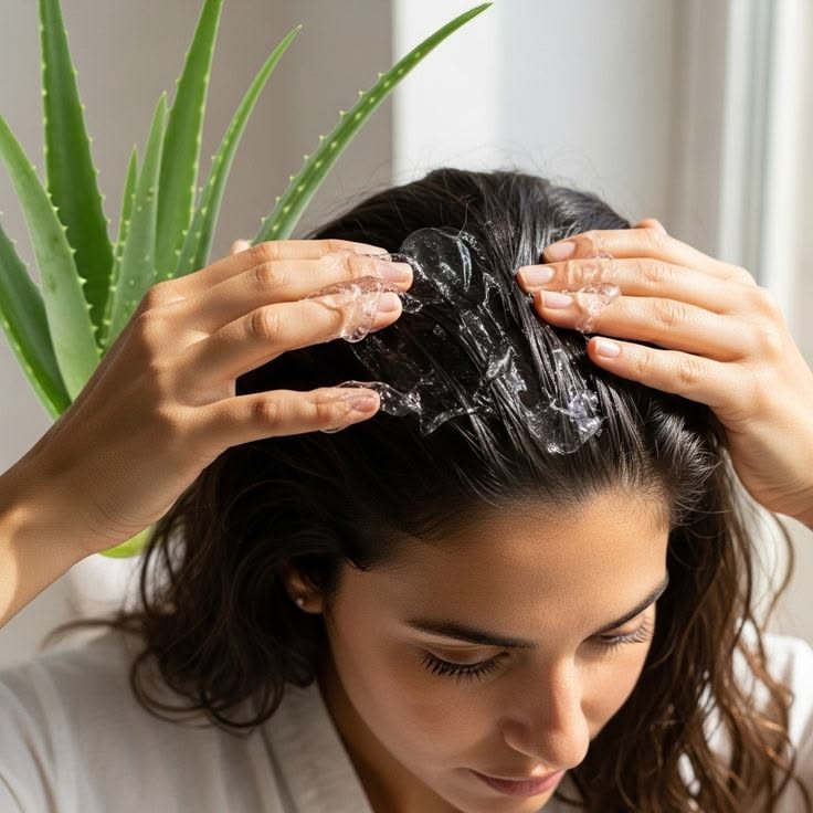someone applying aloe vera to her hair