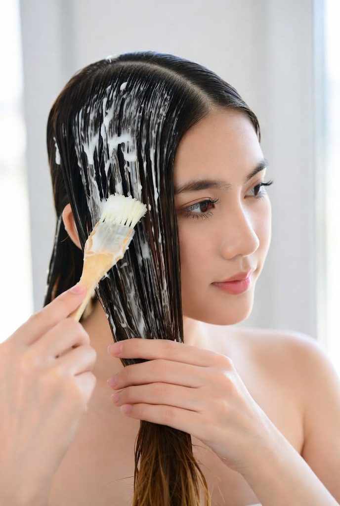 someone applying protein to her hair