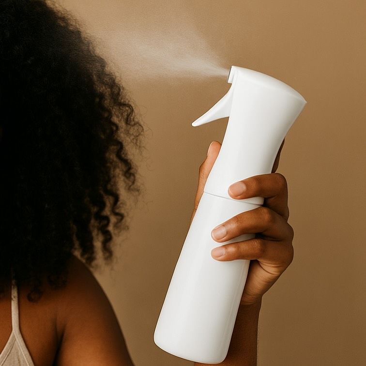 someone applying hair spray to her hair as part of her summer hair care routine for afro hair