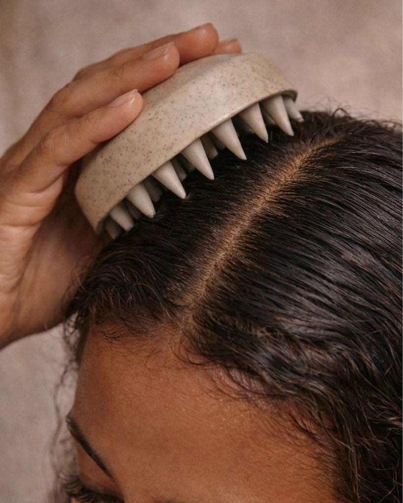 someone massaging her scalp with scalp brush