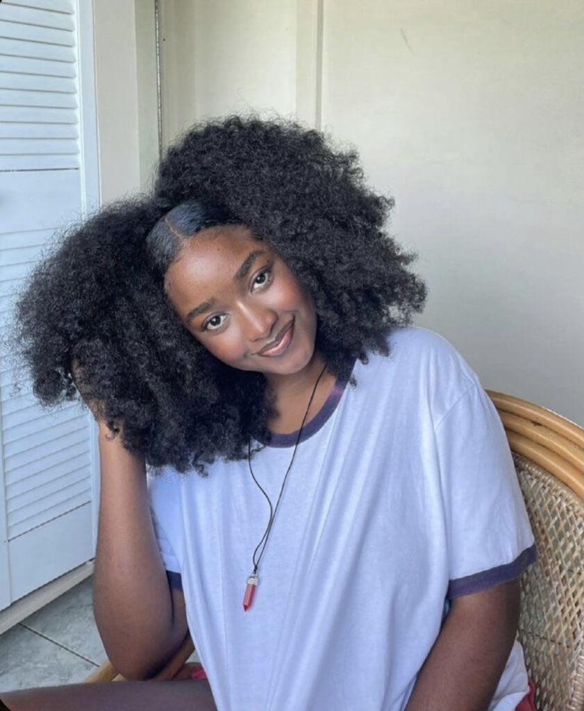 someone that styled her afro hair as her summer hair care routine for afro hair